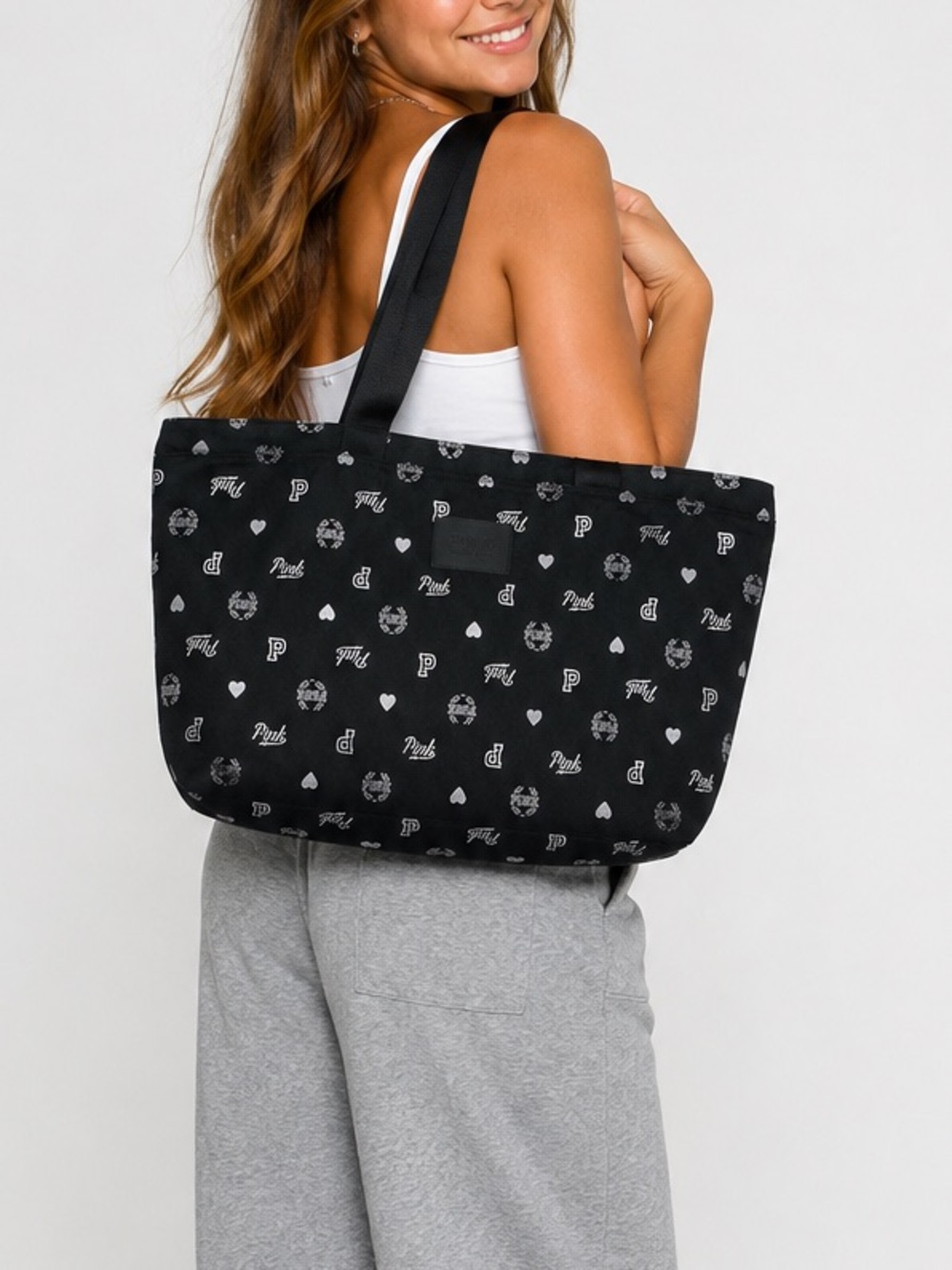 VS PINK Large Tote Bag Black Logo Heart Print